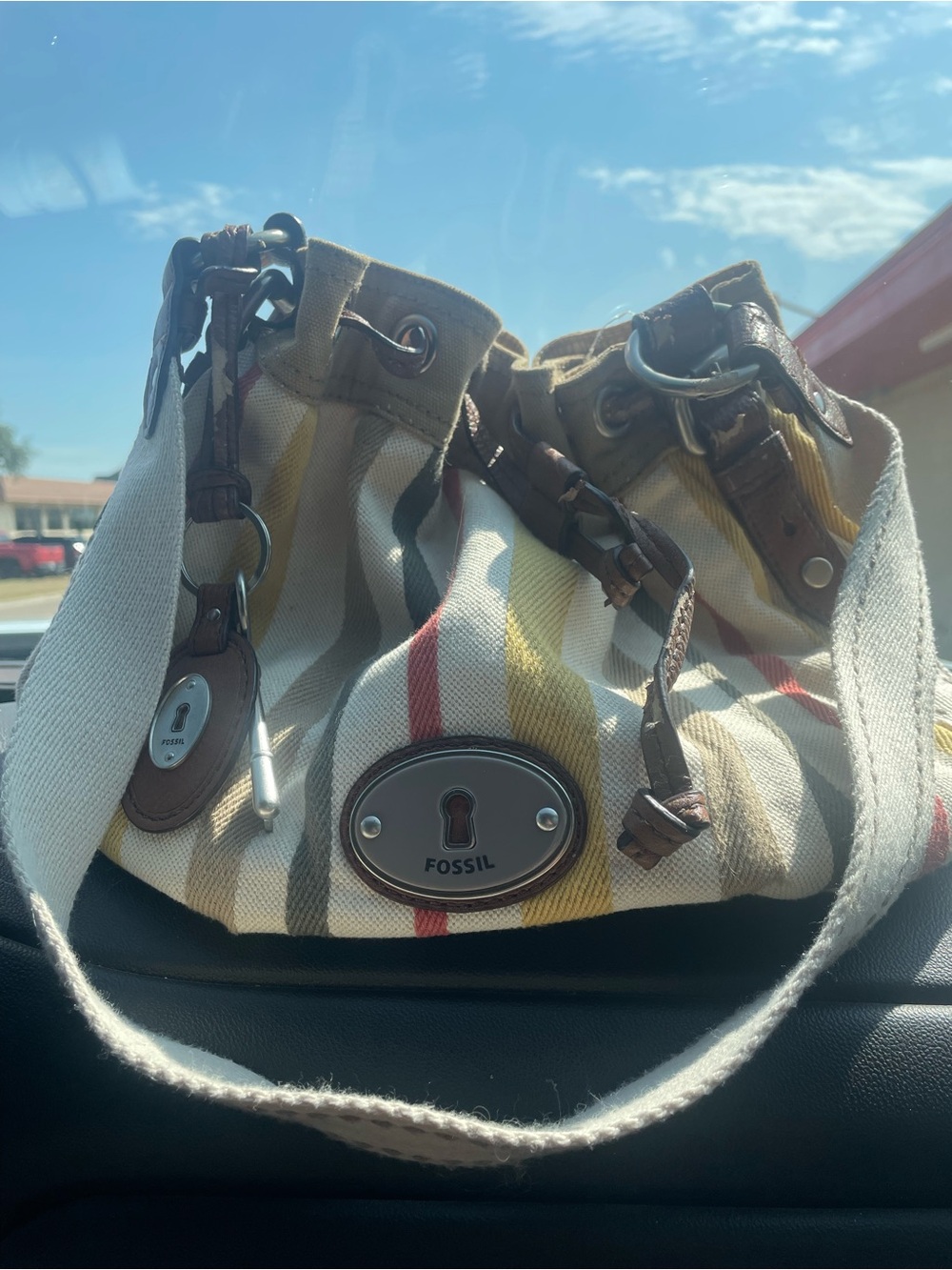 Fossil Striped Canvas Drawstring Shoulder Bag in Beige, Yellow, Red and Brown